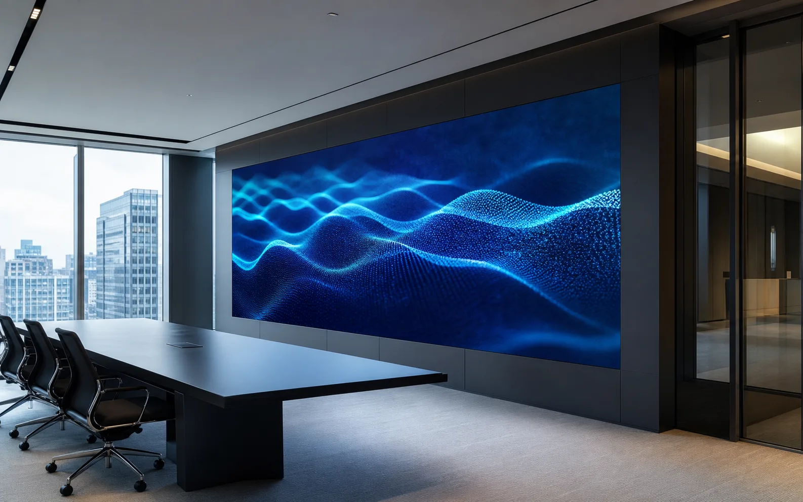 Seamless fine-pitch LED wall in a bright executive boardroom