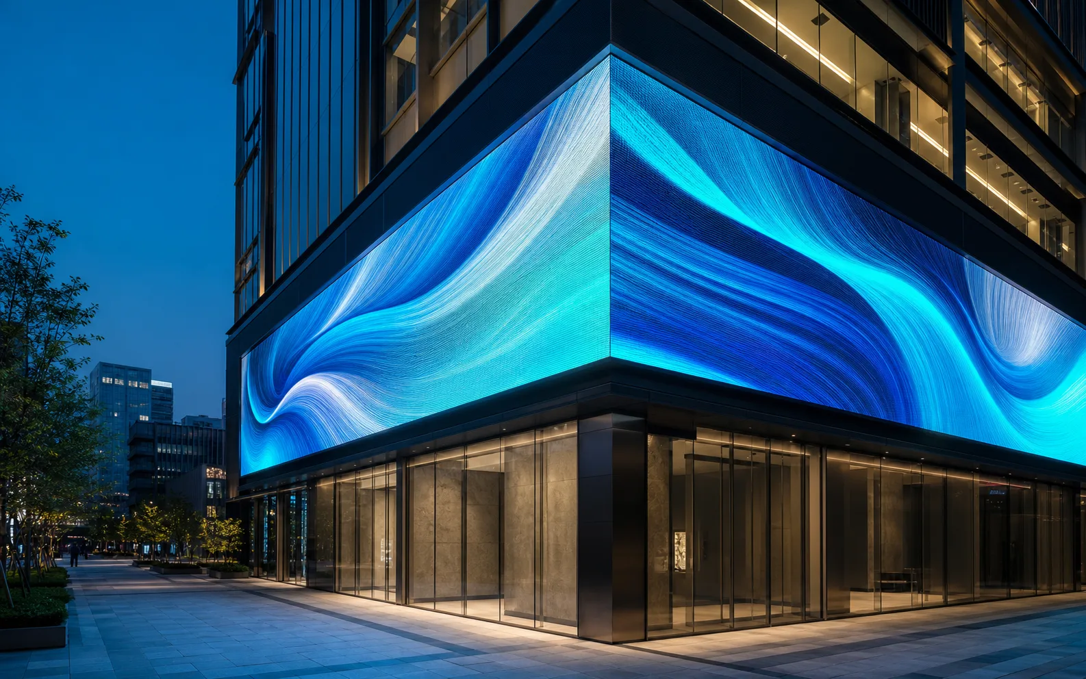Close-view outdoor LED display built into an urban retail facade